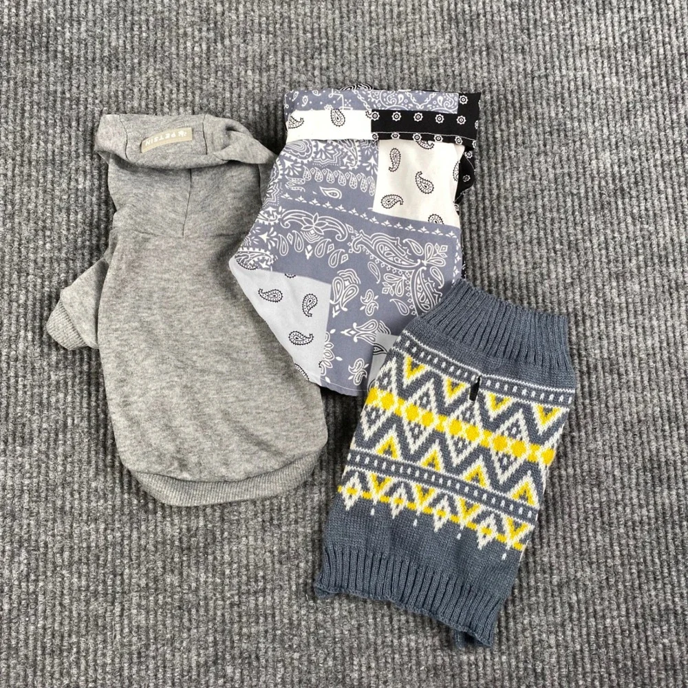 Petsin Small Pet Apparel Bundle Gray Hoodie Bandana Shirt Fair Isle Sweater 3pc